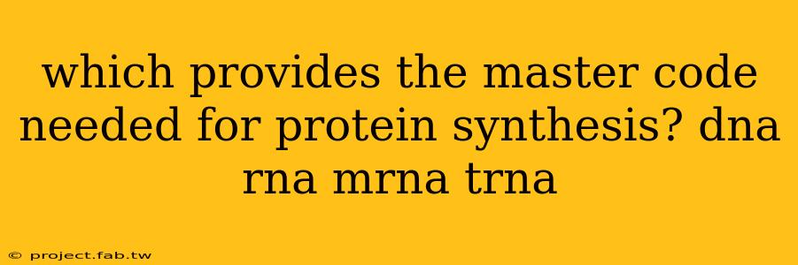 which provides the master code needed for protein synthesis? dna rna mrna trna